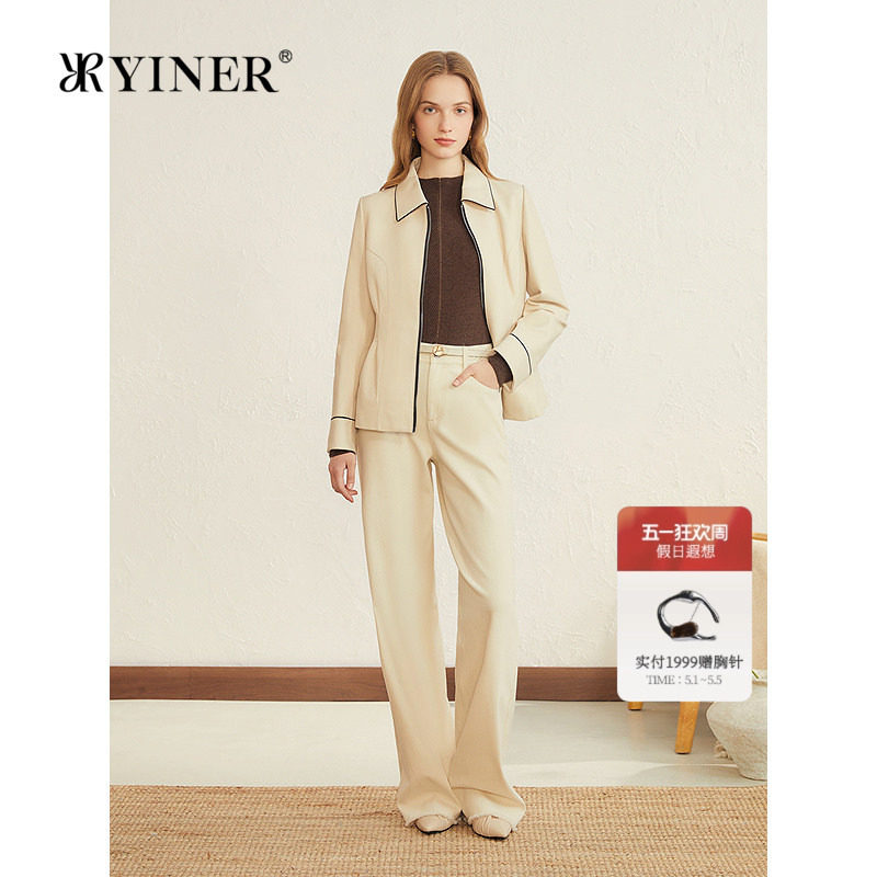 YINER音儿专选女装秋季法式撞色领边拉链绵羊真皮皮衣夹克