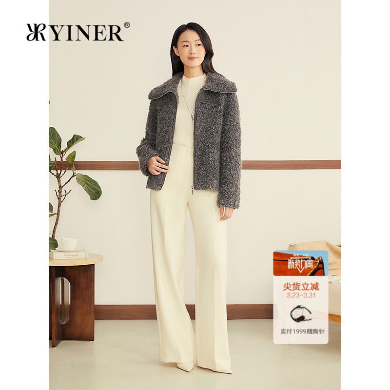 YINER音儿2025冬季新款法式羊毛马海毛混纺卷卷毛大翻领短外