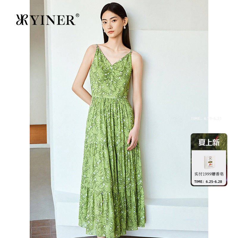 YINER音儿女装吊带裙女夏季优雅时尚艺术印花桑蚕丝V领吊带连衣