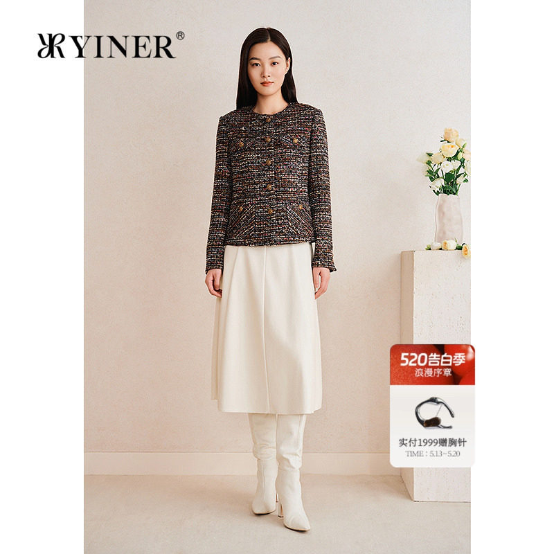 YINER音儿专选女装春季法式小香风渐变段染粗花呢短外套