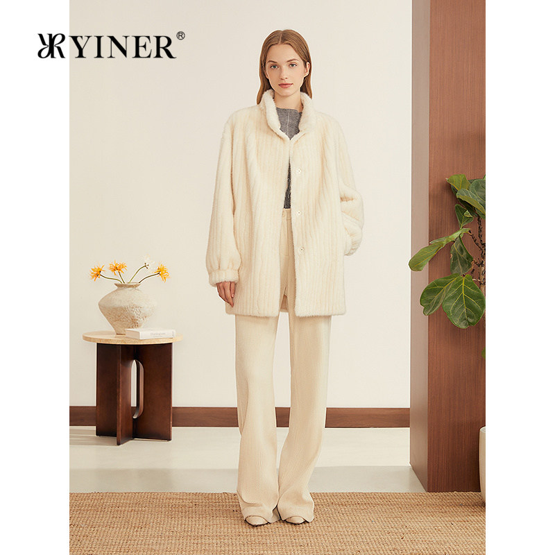 YINER音儿专选女装秋季中长款H型小立领仿水貂环保皮草外套