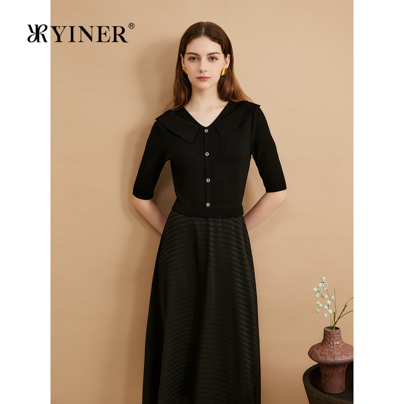 YINER音儿专选秋季V领小翻领设计小黑裙闪丝肌理连衣裙