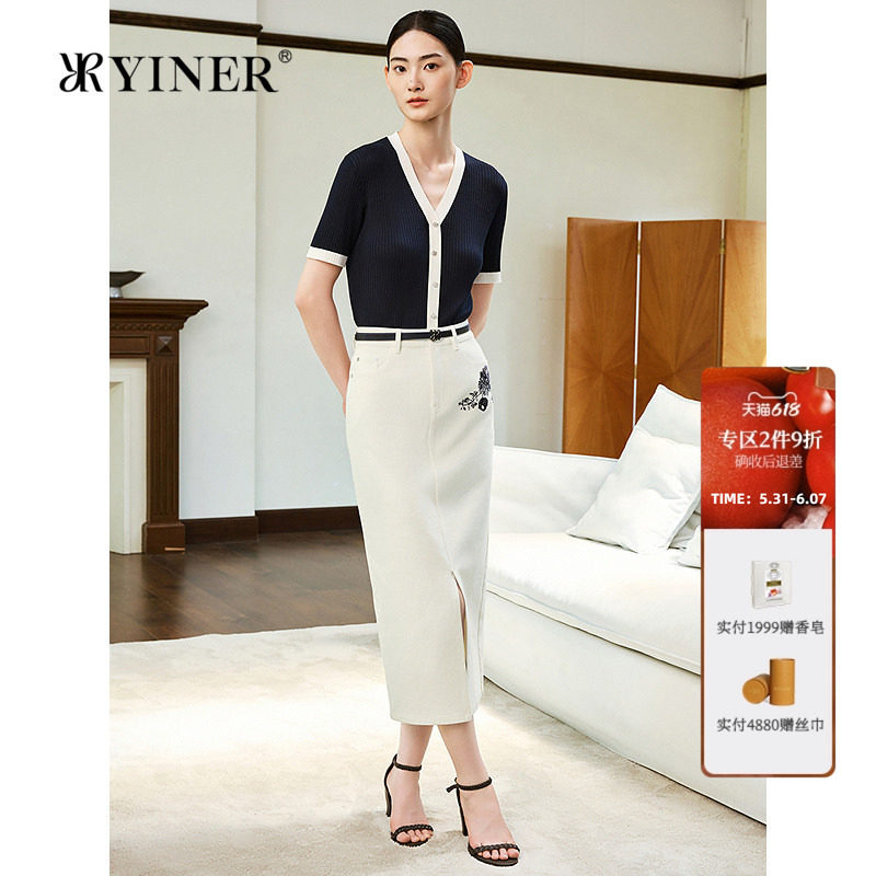 YINER音儿女装夏季100桑蚕丝真丝时尚撞色V领单排扣针织衫套头