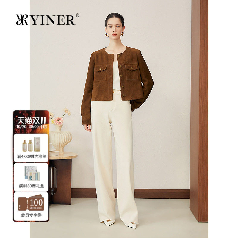 YINER音儿女装秋季法式头层反绒羊皮短款H型圆领真皮皮衣夹克