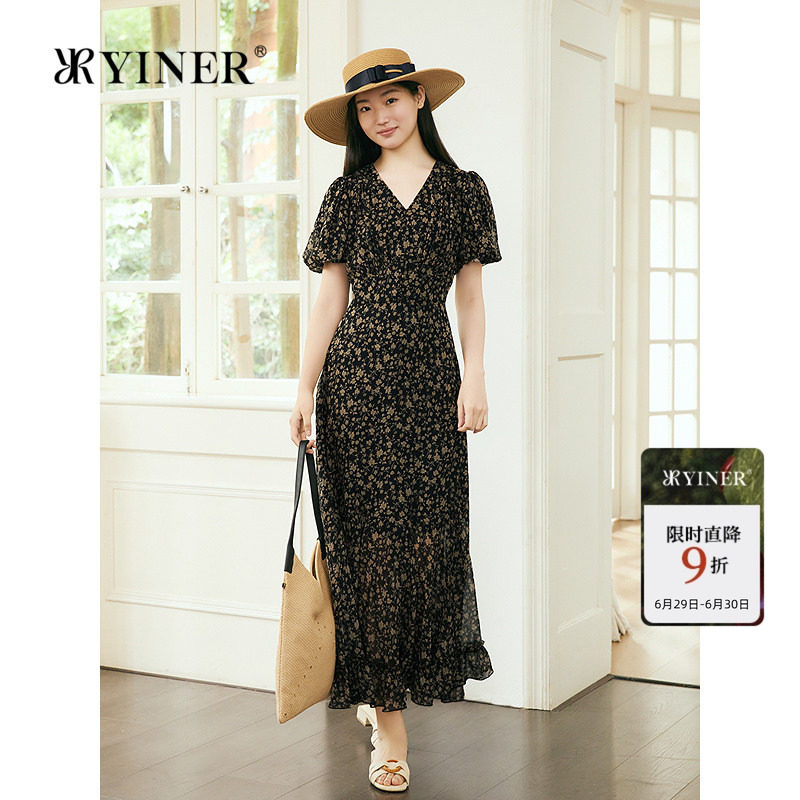 YINER音儿专选女装夏季清新显高灯笼袖垂丝茉莉雪纺连衣裙