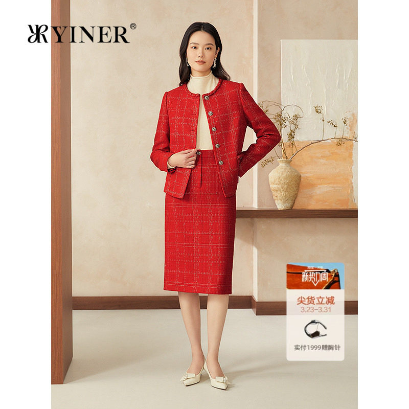 YINER音儿女装春季中国红法式小香风花纱亮丝法式短外套