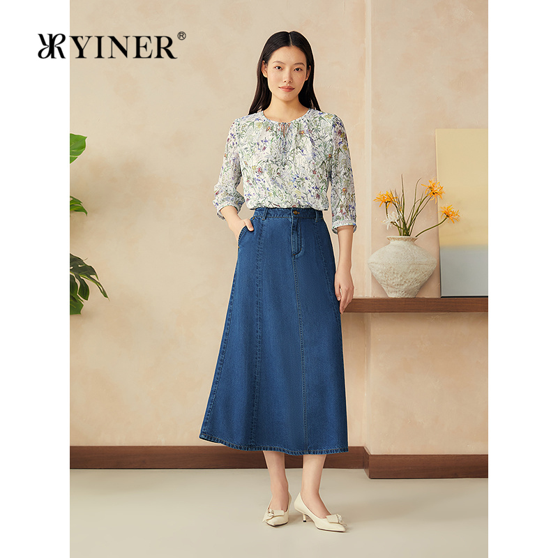 YINER音儿专选2025夏季新款法式优雅印花衬衫飘带领七分袖轻上衣