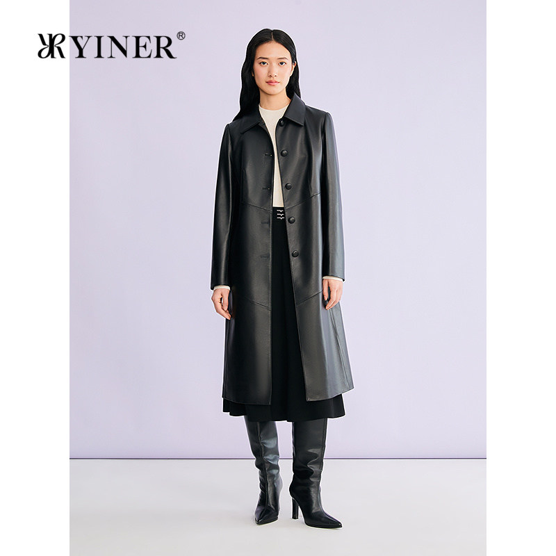 YINER音儿专选2026春季新款法式时尚翻领中长款真皮皮衣夹克