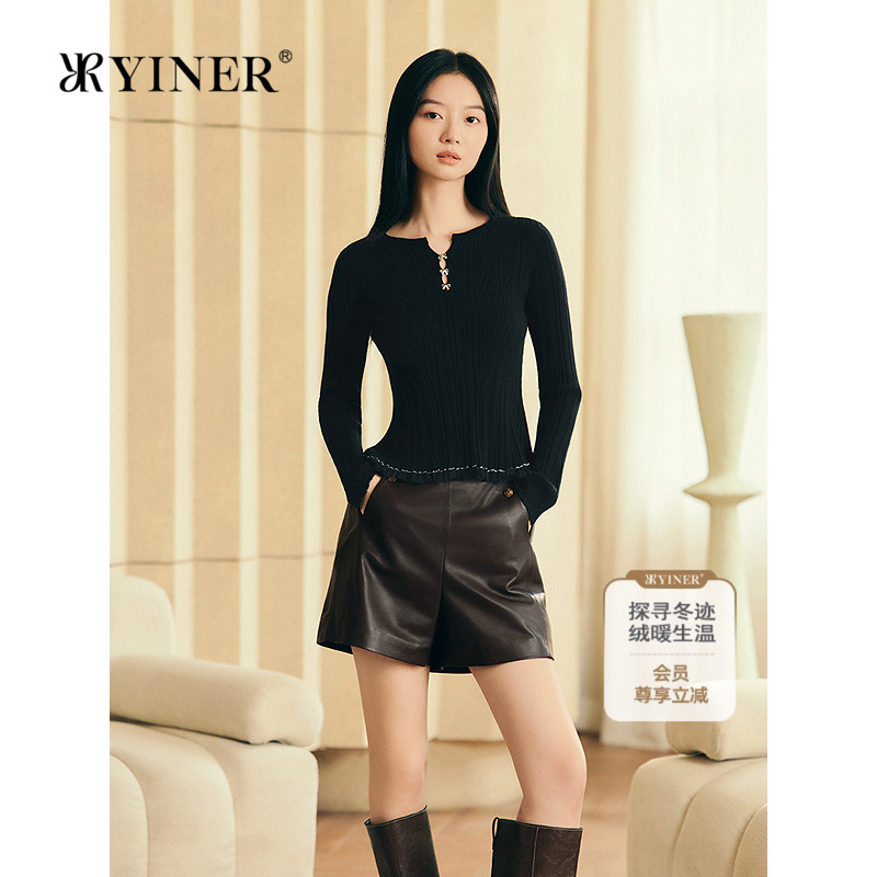 YINER音儿专选2025冬季新款法式减龄云感羊毛混纺荷叶边针织衫