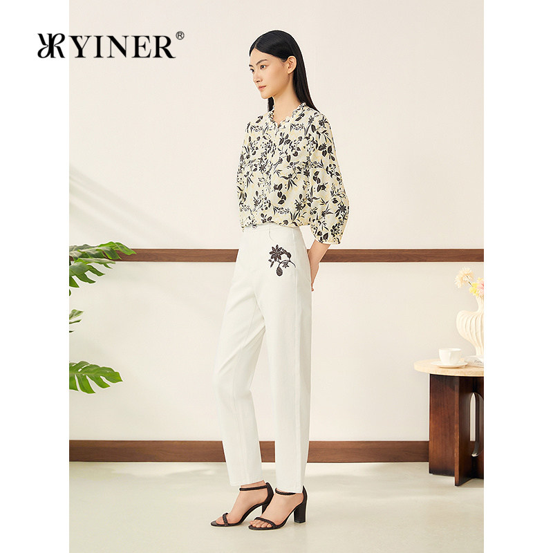 YINER音儿2025秋季新款米韵棉醋弹力竹节刺绣经典小脚垂顺牛