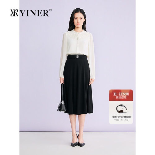 YINER音儿专选2026春季新款时尚通勤OL优雅拼接花边立领衬衫上衣