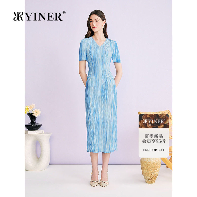 YINER音儿专选2026夏季新款优雅V领艺术渐变褶艺肌理收腰连