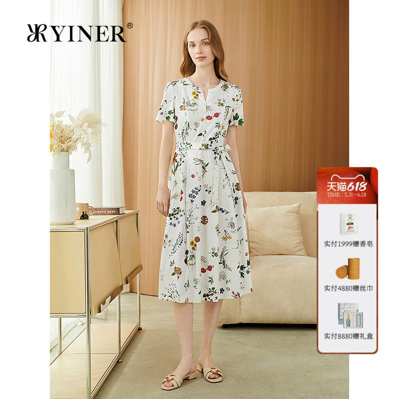 YINER音儿专选女装夏季法式半开领花朵印花系带收腰连衣裙