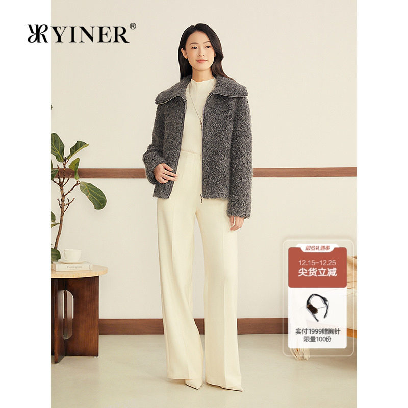 YINER音儿2025冬季新款法式羊毛马海毛混纺卷卷毛大翻领短外
