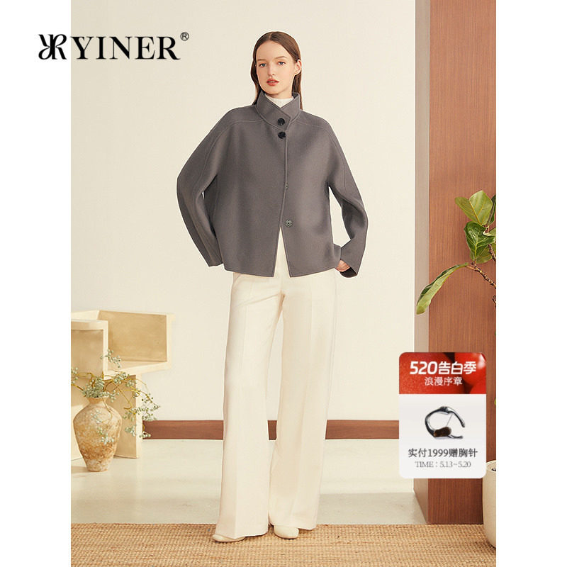YINER音儿女装冬季法式百搭羊毛混纺连肩袖A型短款双面呢外套