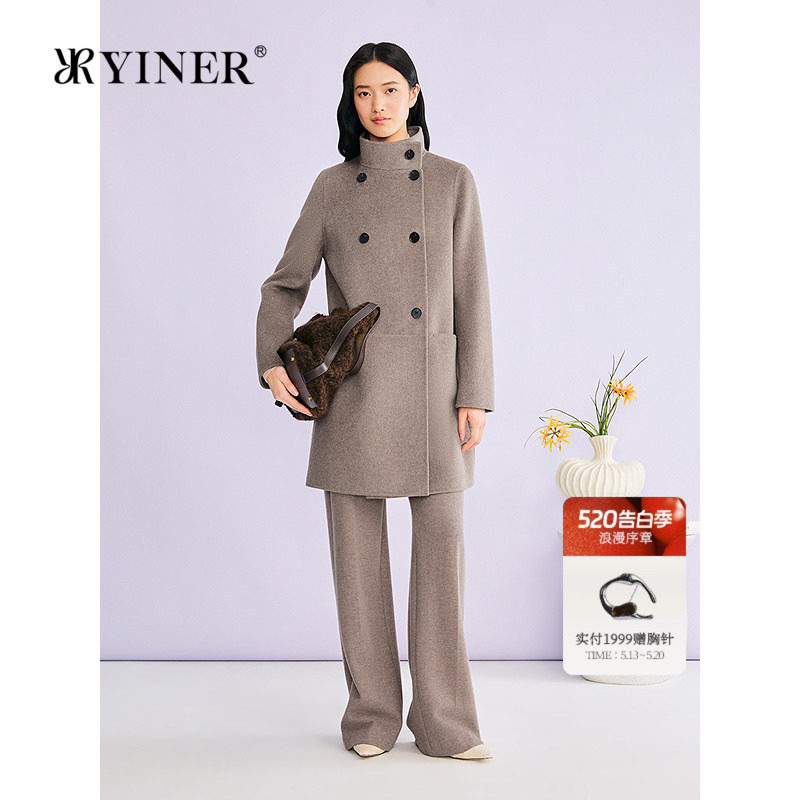 YINER音儿专选2026春季新款法式高领羊毛羊绒混纺双面呢大衣
