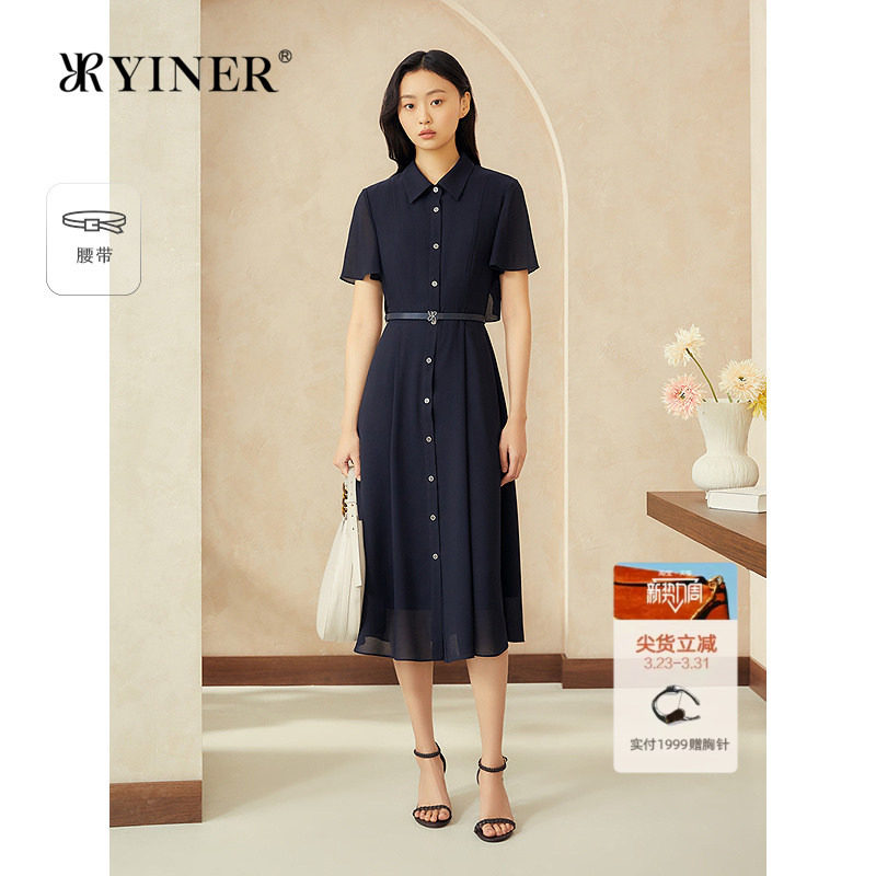 YINER音儿专选2025夏季新款复古翻领透气雪纺衬衫领收腰连衣