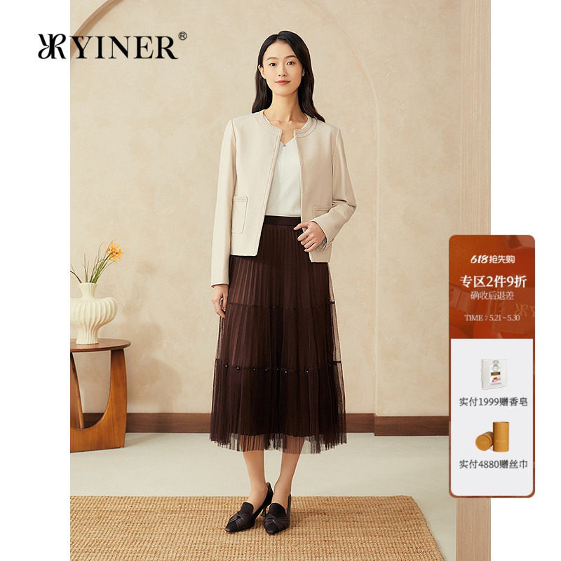 YINER音儿专选女装春季新中式短款圆领绵羊真皮皮衣夹克外套