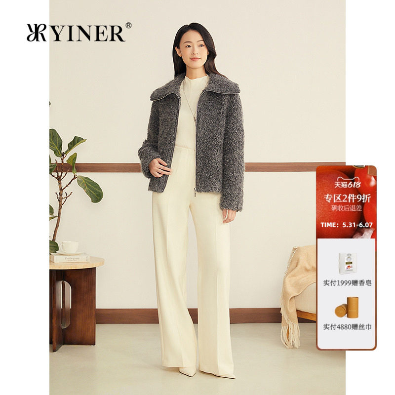 YINER音儿女装冬季法式羊毛马海毛混纺卷卷毛大翻领短外套