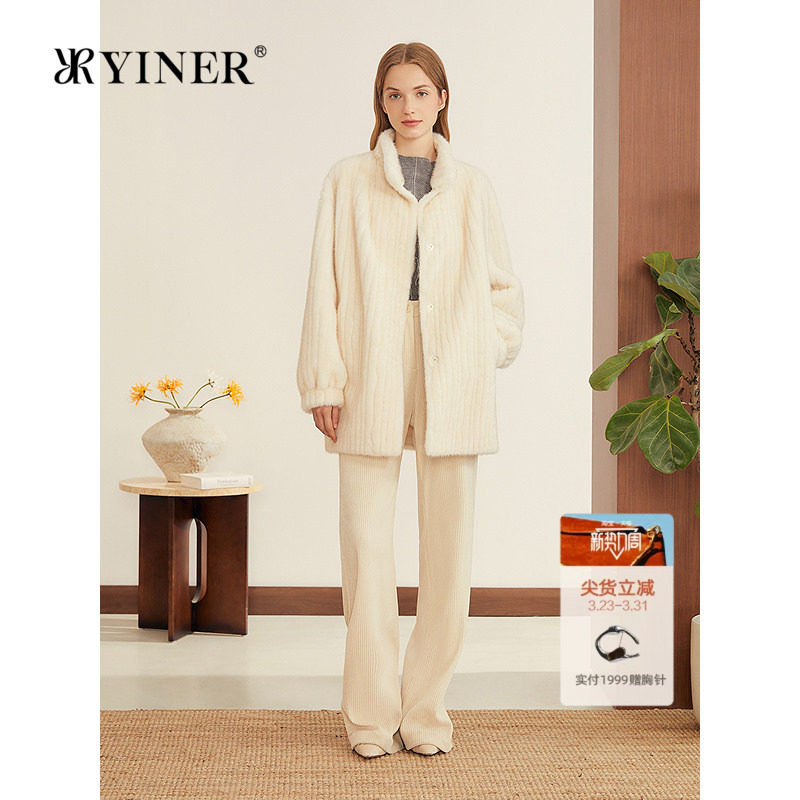 YINER音儿专选2025秋季新款中长款H型小立领仿水貂环保皮草