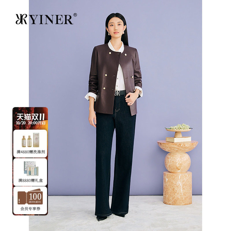 YINER音儿专选2026秋季新款时尚圆领羊皮革真皮皮衣夹克收腰外套
