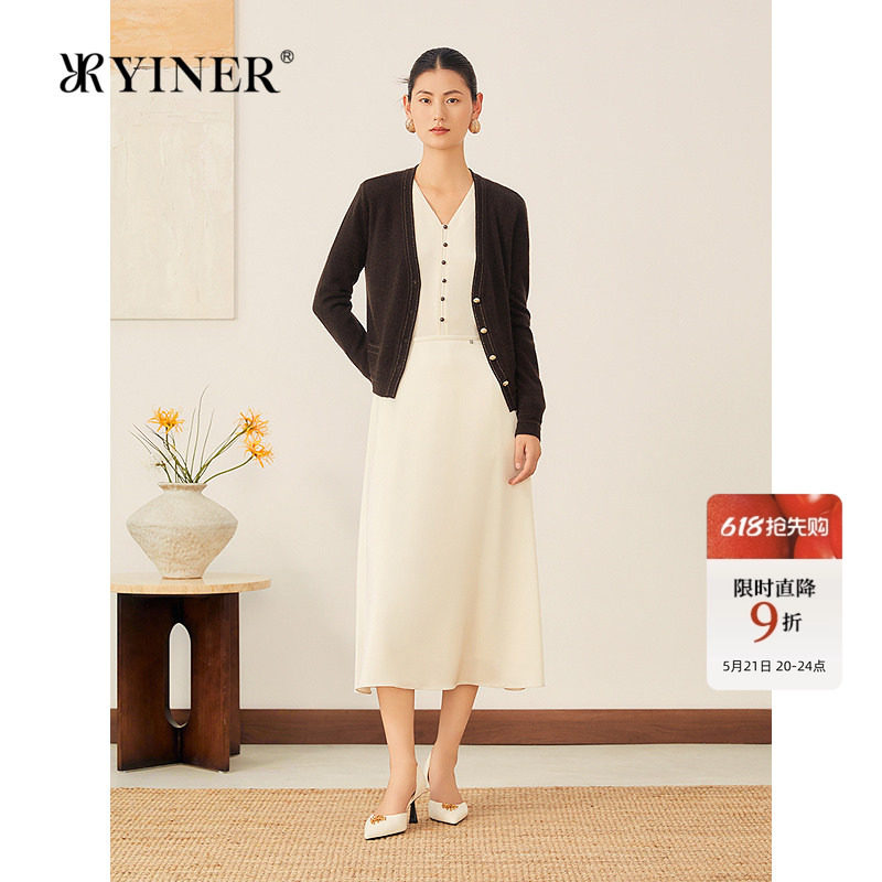 YINER音儿女装秋季法式柔软双色纺织山羊绒保暖显瘦针织开衫