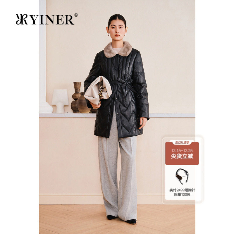 YINER音儿专选2025春季新款水貂毛翻领绵羊皮一手长真皮羽绒服