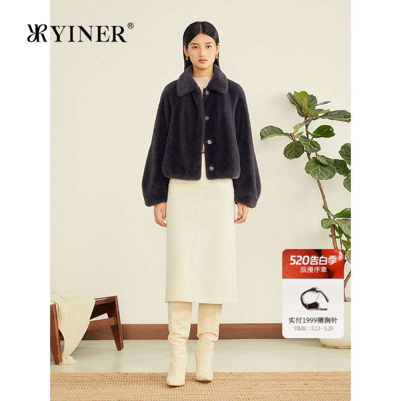 YINER音儿专选女装冬季法式静奢风茧型灯笼袖环保皮草短外套