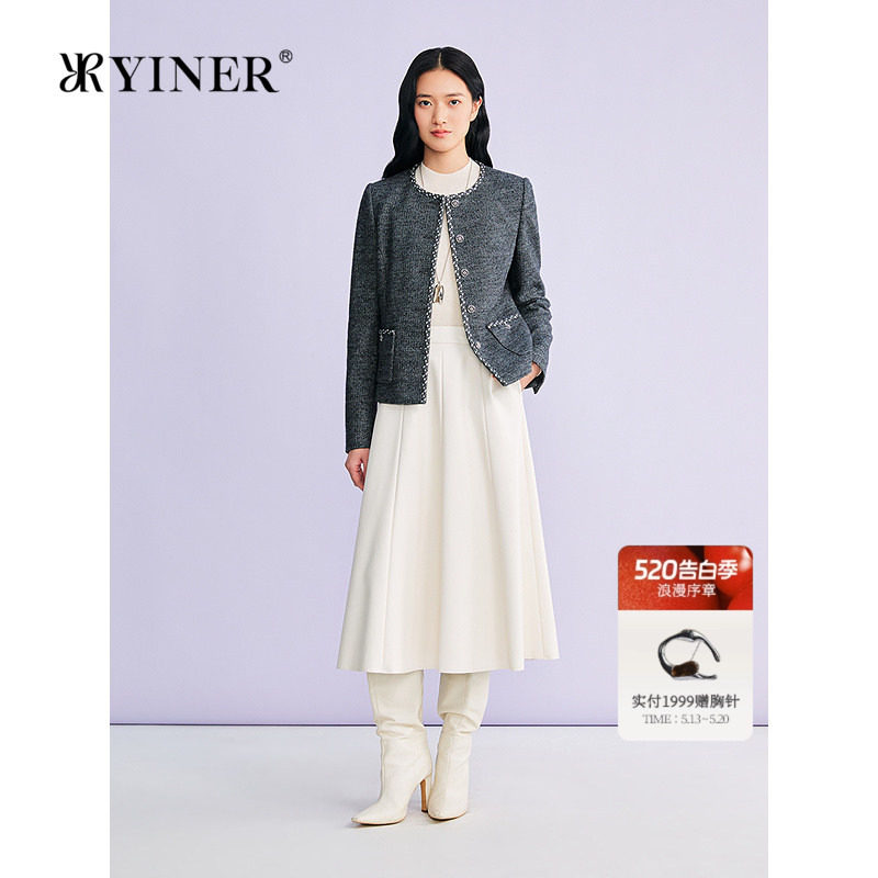 YINER音儿专选2026春季新款法式小香风织带边羊毛混纺箱型短
