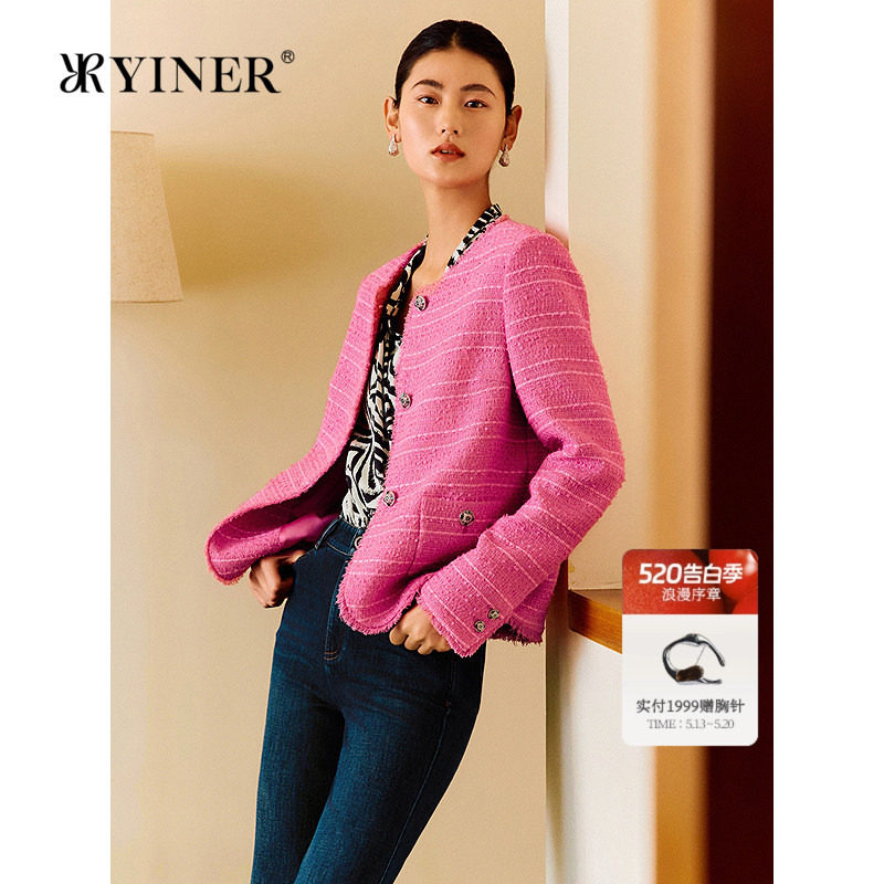 YINER音儿女装春季1996系列金葱闪丝粗花呢拉毛短外套