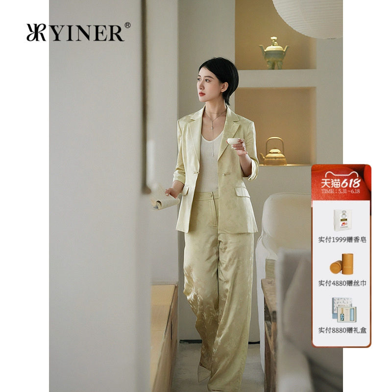 YINER音儿女装夏季新中式盘扣弹力桑蚕丝混纺波点提花西装外套