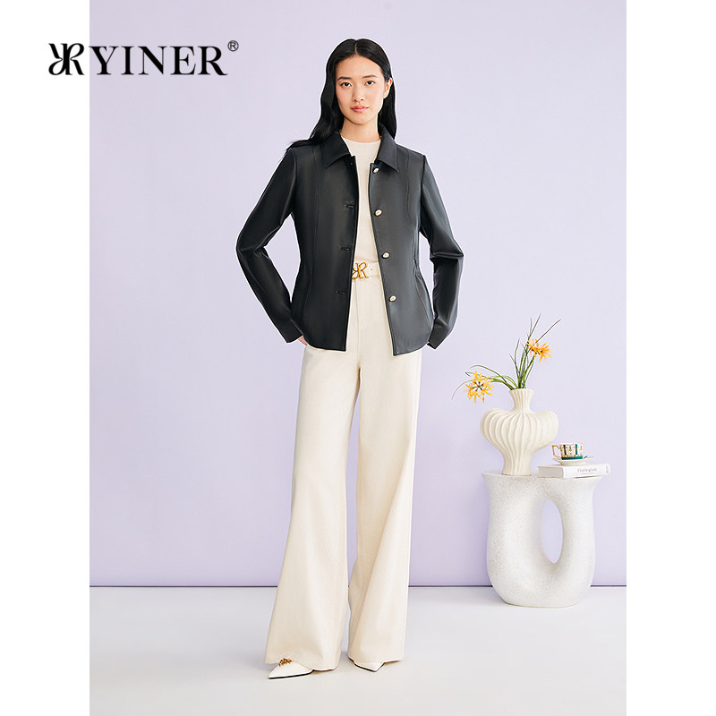 YINER音儿专选2026春季新款法式翻领收腰短款真皮皮衣夹克外
