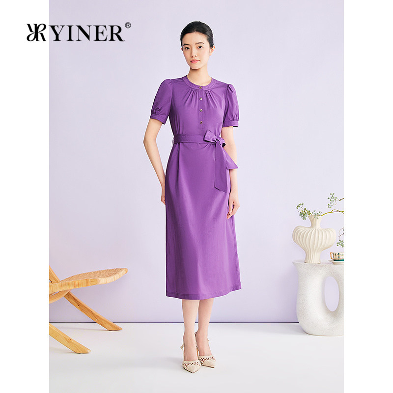 【花园系列】YINER音儿2026夏季新款优雅圆领可拆卸腰带连衣裙