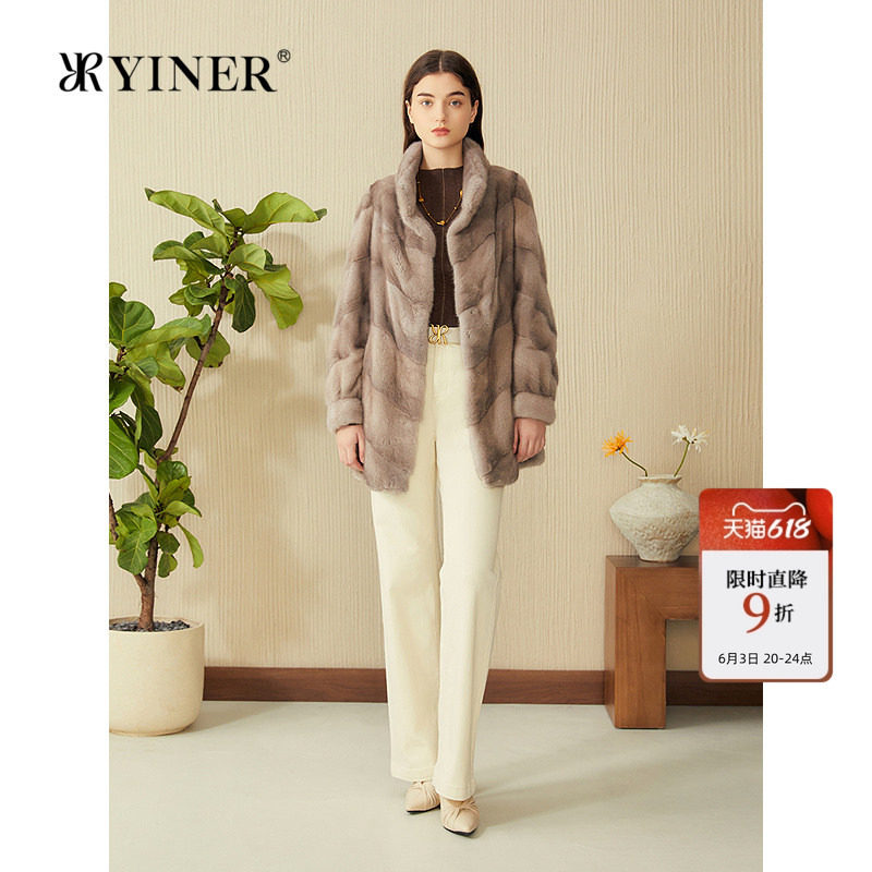 YINER音儿专选女装春季中长款水貂毛皮母貂立领真皮皮草