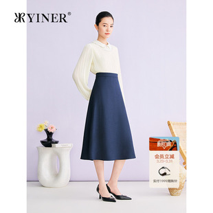 YINER音儿专选2026春季 优雅彼得潘领撞色拼接假两件连衣裙 新款