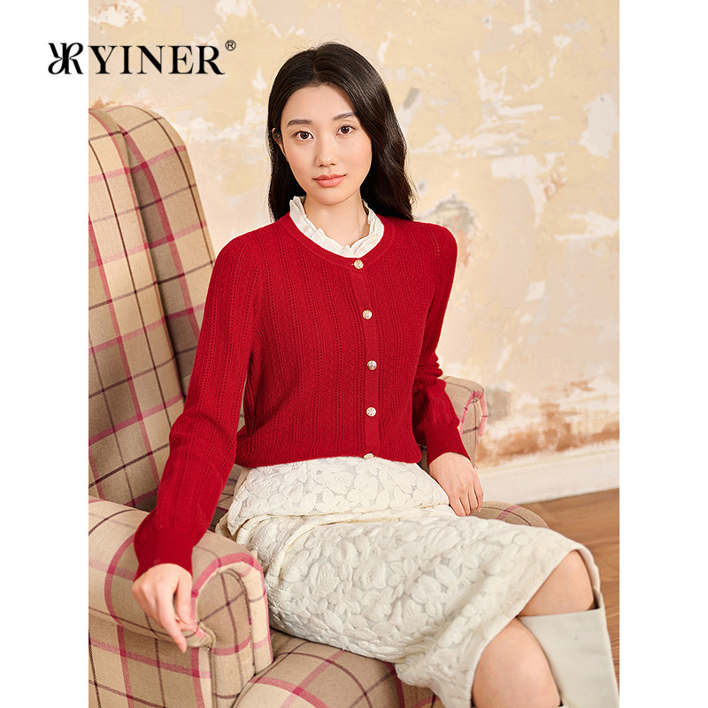 YINER音儿专选2026春季新款撞色木耳领美丽诺羊毛羊绒混纺针