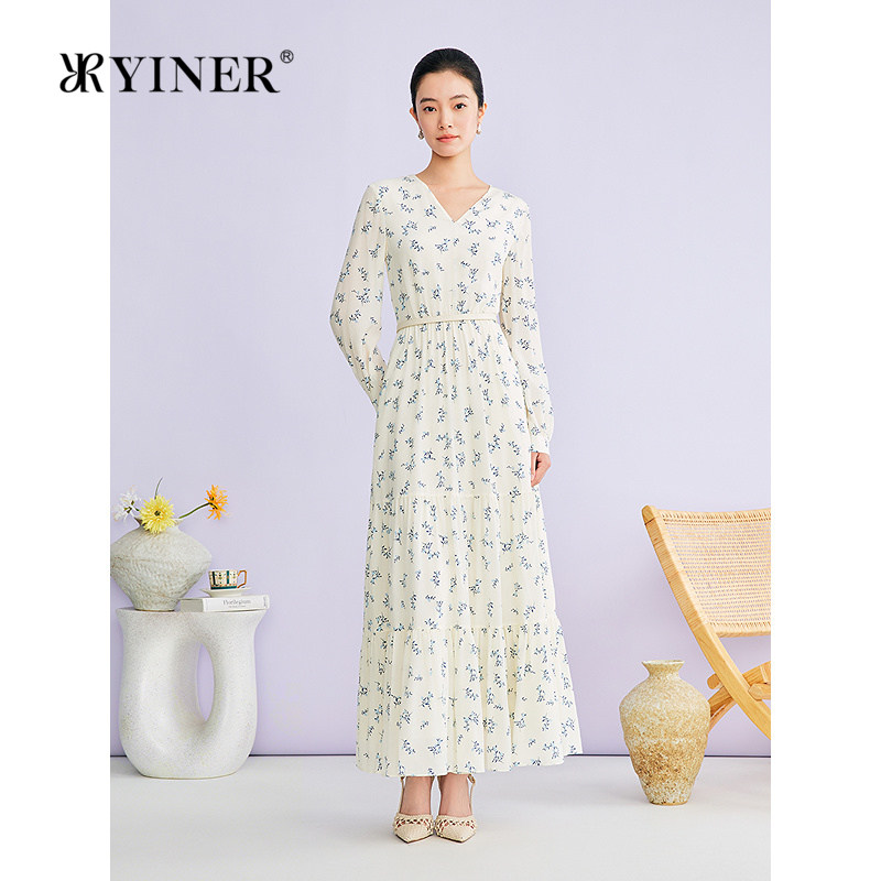 YINER音儿2026春季新款时尚优雅碎花印花桑蚕丝V领显瘦收腰