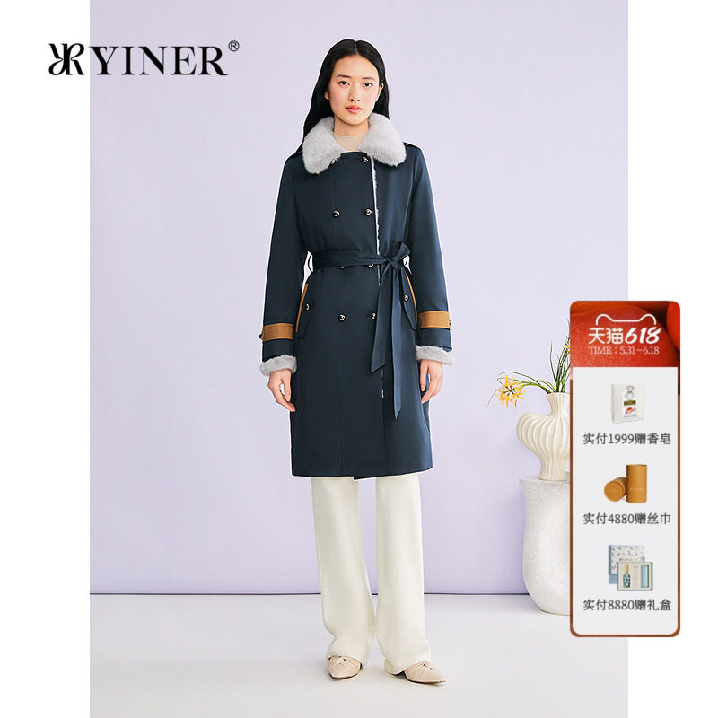 YINER音儿专选女装冬季中长款可拆卸水貂毛领派克服厚实皮草