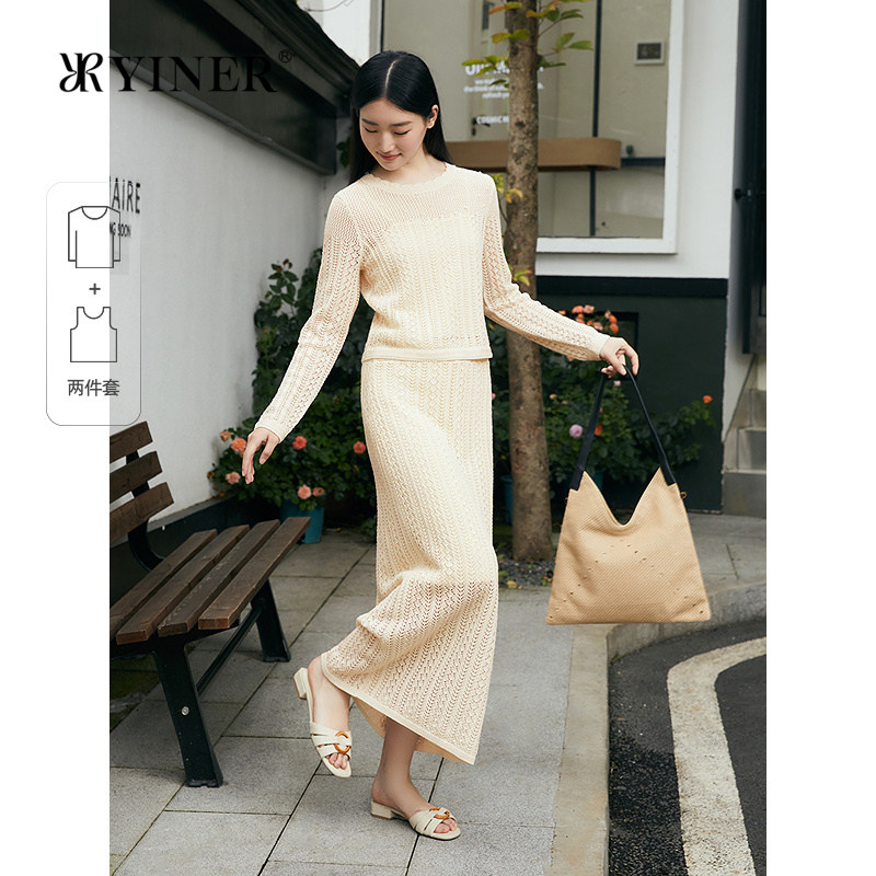 YINER音儿专选女装秋季波西米亚风钩花镂空两件套针织衫