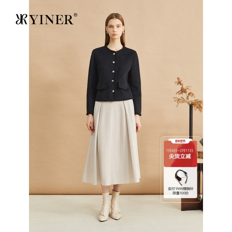 YINER音儿专选冬季小香风短款毛边羊毛双面呢外套
