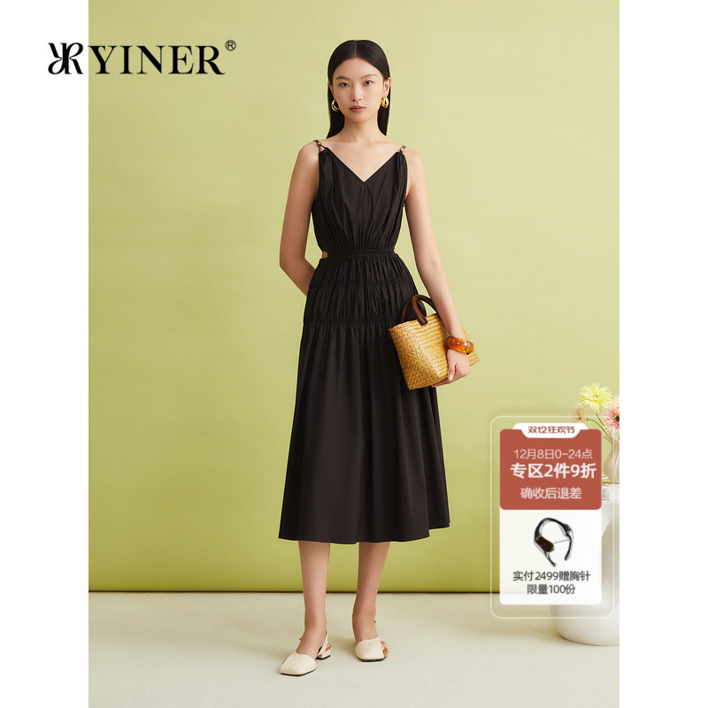 YINER音儿女装夏季棉锦弹力法式优雅双肩带气质吊带连衣裙