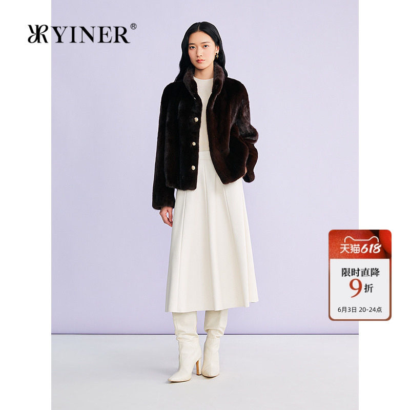 YINER音儿专选2026春季新款法式奢感短款立领母貂水貂毛皮草外套
