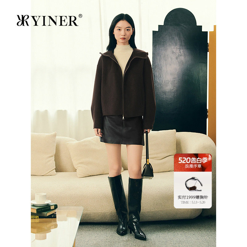 YINER音儿专选女装冬季法式利落羊毛羊绒混纺连帽H型短外套