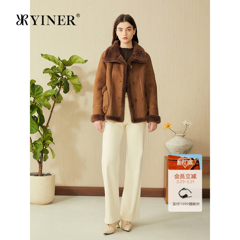 YINER音儿专选女装春季法式正反两面穿环保羊毛皮草短外套