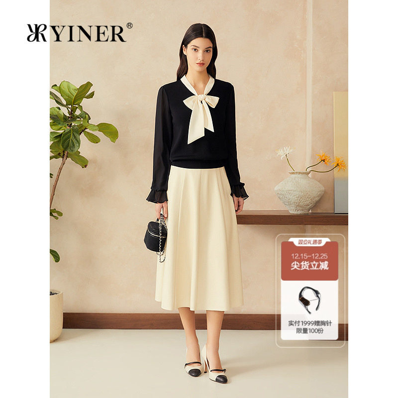 YINER音儿专选2025春季新款法式珍珠扣饰蝴蝶结雪纺袖拼接针