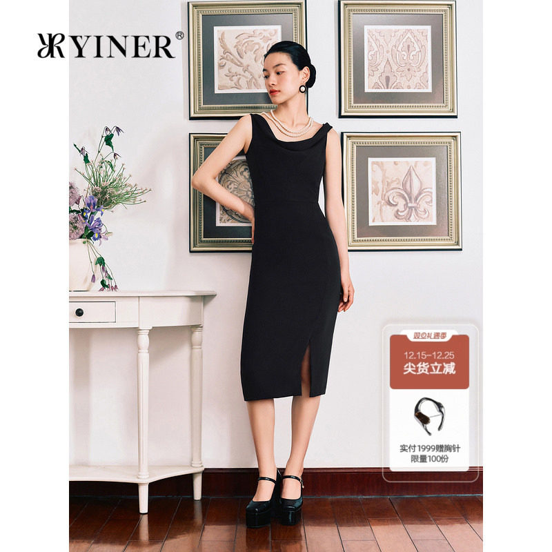 YINER音儿秋季双面斜纹法式吊带小黑裙收褶开衩连衣裙