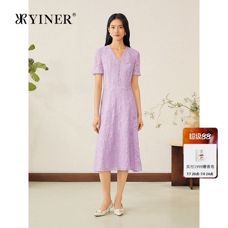 YINER音儿专选女装夏季法式V领蝶恋花蕾丝优雅雪纺压褶连衣裙