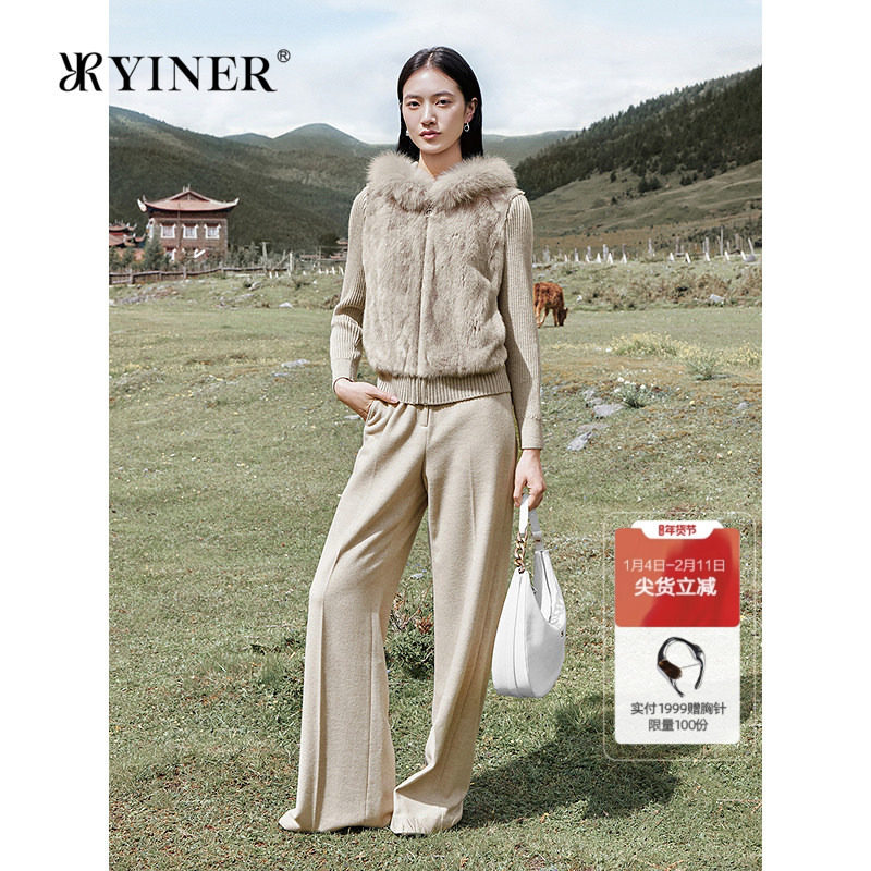 YINER音儿2025冬季新款水貂拼接羊毛混纺针织狐狸毛领皮草外套,女装/女士精品,皮草,淘宝优惠券,粉丝福利购,淘宝优惠卷