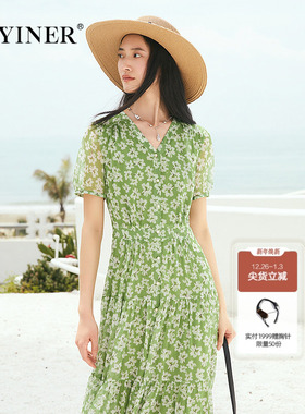 【周末花园】YINER音儿专选2025夏新款百合印花蛋糕塔裙V领连衣裙