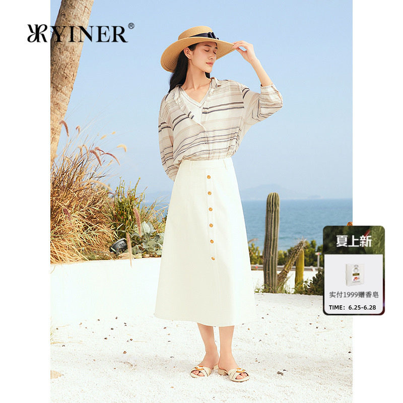YINER音儿女装优雅夏季时尚艺术间色条纹弹力桑蚕丝衬衫上衣